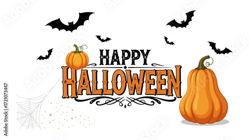 Halloween Gathering: A whimsical illustration of a Happy Halloween design, featuring two pumpkins, bats in flight, and a spiderweb, against the night sky.