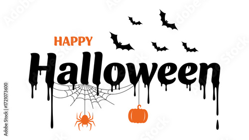 Halloween Holiday Celebration: A cheerful Halloween illustration, featuring spooky elements like a web and spider, pumpkins, and bats soaring across the moonlit sky, celebrating the holiday.