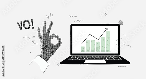 A hand making an OK gesture next to a laptop displaying a positive growth chart.