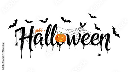 Spooky Halloween Celebration: A festive Happy Halloween banner features a grinning jack-o'-lantern, bats, spiders, and a creepy cobweb against a dark background.