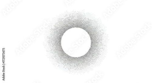 A white circle with a soft, grainy, greyish-white diffuse aura against a pure white background, creating an abstract visual effect.