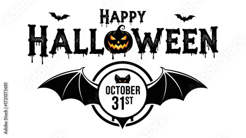 Happy Halloween Celebration : A spooky Halloween design illustration with a grinning pumpkin, bats, and Happy Halloween and October 31st lettering. Capturing the festive spirit of the holiday.