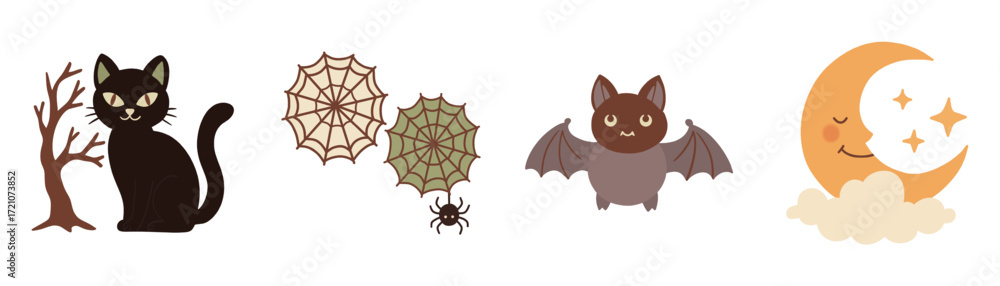 Fototapeta premium A Set of Playful Halloween Icons and Symbols with a Cat, Collection of Hand Drawn Spooky Animal and Moon Illustrations.