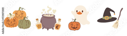 Collection of Hand-Drawn Halloween Elements and Characters, A Set of Playful Halloween Icons and Symbols.