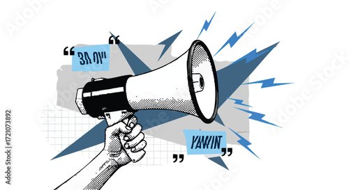 Illustration of a hand holding a megaphone with speech bubbles and sound effects.