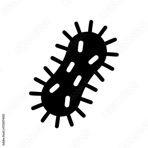 A black and white illustration of a microbe with spiky protrusions, biology