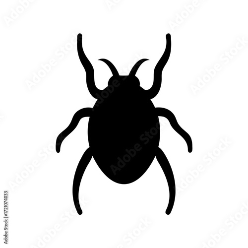 Stylized black silhouette of a beetle with long antennae and legs