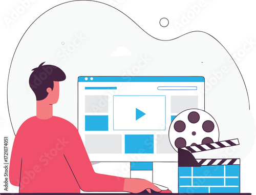 Vector illustration of a person editing video on a computer screen with film reel and clapperboard illustration