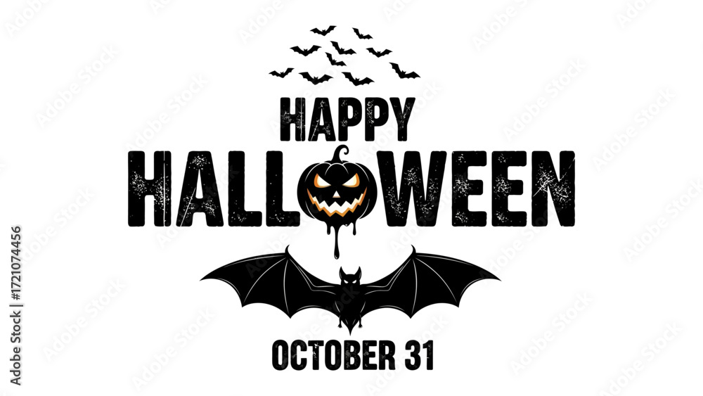 Fototapeta premium Happy Halloween: Spooky bats and a jack-o'-lantern mark the arrival of October 31st in this eerie illustration, beckoning excitement, frights, and the spirit of the season.