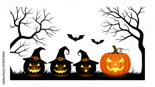 Spooky Halloween: Festive Halloween arrangement with jack-o'-lanterns, bats, and eerie trees, inviting viewers into the spooky season