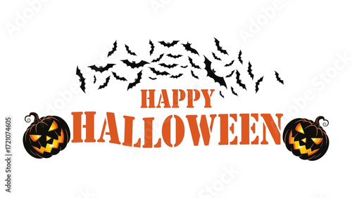 Halloween Greeting: An eye-catching graphic design displaying the words Happy Halloween, flanked by grinning jack-o'-lanterns and a flock of silhouetted bats. a joyful and spooky atmosphere. 