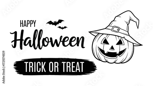 Halloween Festivities: A whimsical monochrome illustration with festive text, a witch hat, and a grinning pumpkin, embodying the spirit of a spooky Trick or Treat night. 