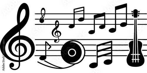 A collection of musical symbols and notation elements, including treble clef, bass clef, sharp, flat, rests, and various note values (whole, half, quarter, eighth, and sixteenth notes). The symbols ar
