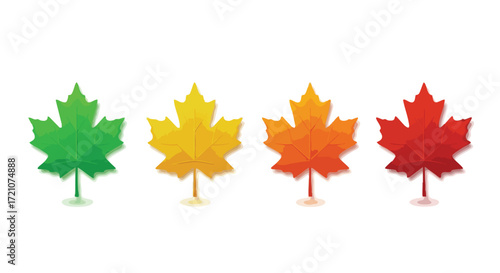 Four low-poly maple leaves showcasing a vibrant color transition from green to red, representing the autumn season.
