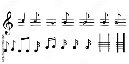 A collection of musical symbols and notation elements, including treble clef, bass clef, sharp, flat, rests, and various note values (whole, half, quarter, eighth, and sixteenth notes). The symbols ar