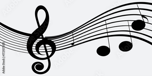 A collection of musical symbols and notation elements, including treble clef, bass clef, sharp, flat, rests, and various note values (whole, half, quarter, eighth, and sixteenth notes). The symbols ar