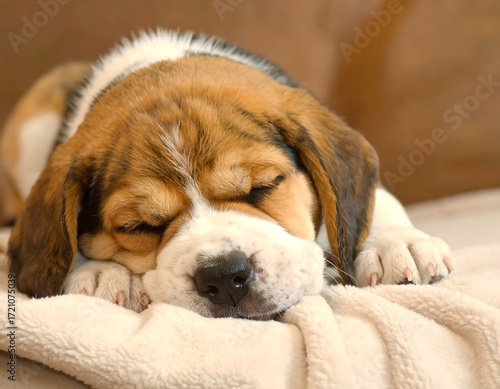 Sleepy Beagle puppy resting on a blanket