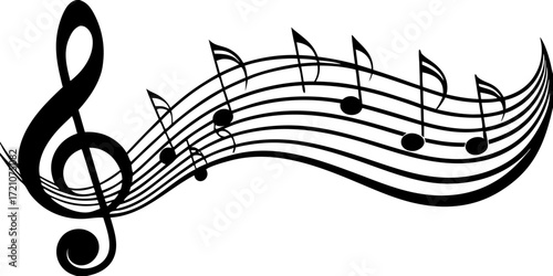 A collection of musical symbols and notation elements, including treble clef, bass clef, sharp, flat, rests, and various note values (whole, half, quarter, eighth, and sixteenth notes). The symbols ar