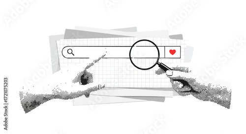 Hands holding magnifying glass over search bar with heart icon, suggesting online dating or love search.