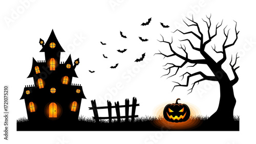 Halloween Spooktacular: A spooky haunted house with eerie glowing windows sits amidst a dark, ominous forest under the watchful gaze of bats and a glowing jack-o'-lantern.