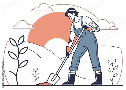 Illustration of a person tending to a garden with a shovel, representing nature and outdoor activities