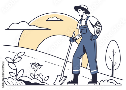 Gardener with shovel tending to plants in a field under a stylized sun and sky