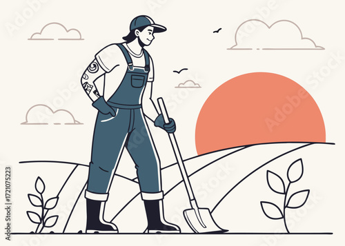 Illustration of a farmer with a shovel in a field during sunset, embodying a connection with nature and sustainable agriculture