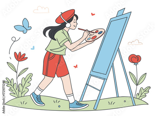 Young woman artist painting a canvas on an easel outdoors with a butterfly and flowers in a vibrant illustration