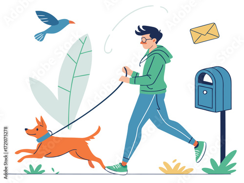 A person walking a dog in the park, with a bird flying and a mailbox nearby