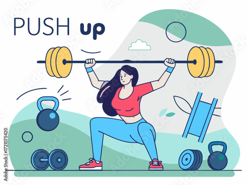 Woman performing a weightlifting exercise with a barbell, dumbbells, and kettlebells, symbolizing fitness and strength training