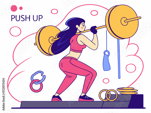 Fit young woman performing a weighted barbell squat with a determined expression on a raised platform, surrounded by gym equipment