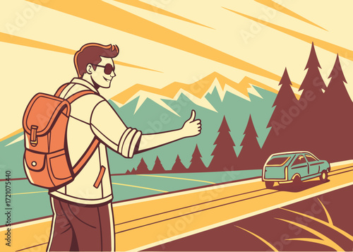 Man hitchhiking on a road with mountains in the background, carrying a backpack and thumb up
