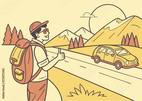 Illustration of a young backpacker hitchhiking on a scenic mountain road, embarking on a solo travel adventure
