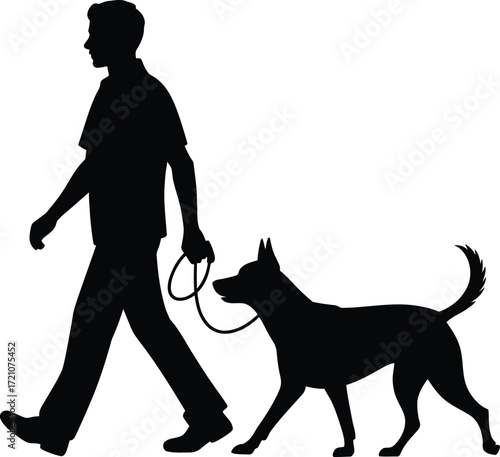 Silhouette of man walking dog on leash in black and white