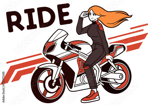 Woman in racing gear with motorcycle, ready for a ride
