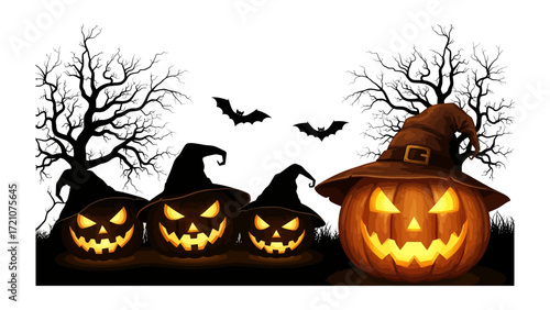 Halloween Pumpkin Patch: A spooky scene featuring glowing jack-o'-lanterns with menacing smiles beneath eerie silhouettes of barren trees and hovering bats.