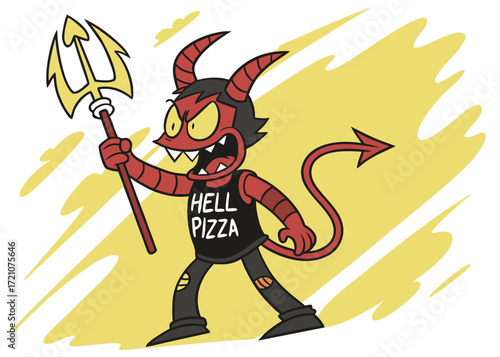 Whimsical cartoon devil character with a pitchfork and a t-shirt that reads 'Hell Pizza', set against a vibrant yellow abstract background