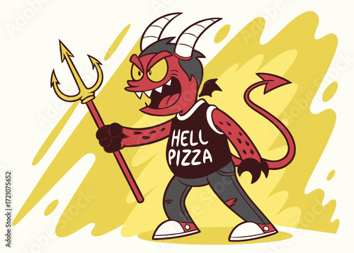 Spicy Devilish Character with Trident and Pizza Themed Shirt