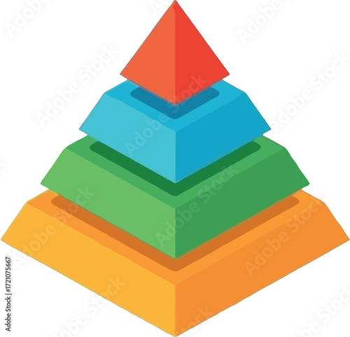 Isometric layered pyramid with different color blocks stacked