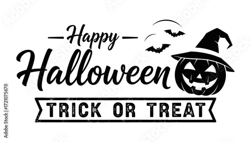 Happy Halloween Wishes: An evocative Halloween design, celebrating spooky season with a grinning pumpkin and bat silhouette under moon, a classic trick or treat message. 