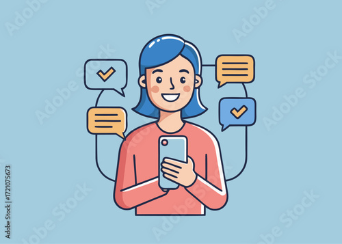 Young woman happily using her smartphone, communicating with speech bubbles and checkmarks, representing digital interaction and messaging