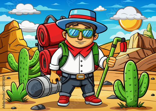 Cartoon explorer with backpack and camera ready for desert adventure