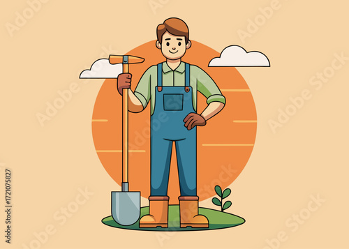 Illustration of a cheerful farmer standing in a field holding a shovel, representing agriculture and hard work