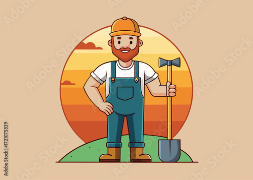 Cartoon illustration of a cheerful, bearded construction worker in overalls holding a shovel and axe against a sunset backdrop