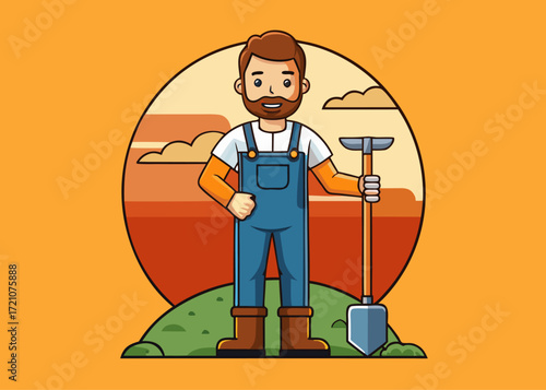 Happy farmer character mascot illustration holding a shovel. Man in overalls representing agriculture, gardening, and organic farming