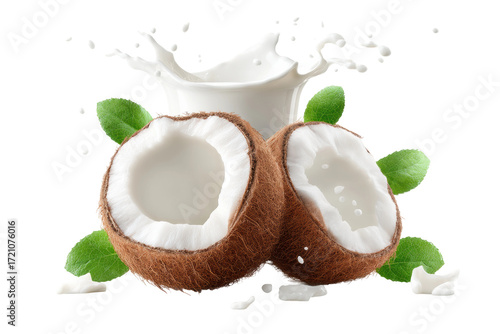 Fresh coconut milk splash with halved coconuts and green leaves on black background, cut out