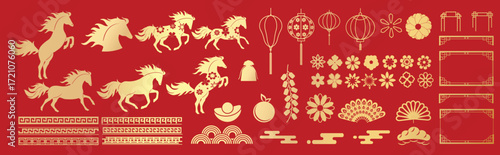 Chinese New Year 2026 element vector set. Year of the horse design. Lanterns, horse, firework, frame, pattern, cloud, coin, flower, pattern. Icons of Asian Lunar New Year holiday decoration. 