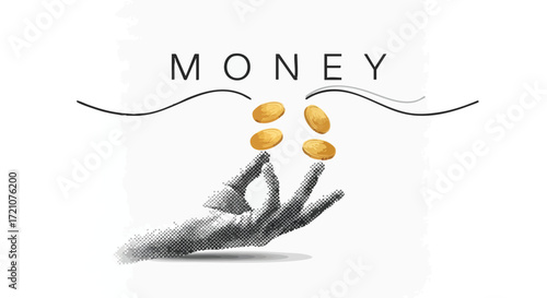 Captivating hand tossing gold coins upwards with the word MONEY artfully displayed overhead, symbolizing wealth and financial success.