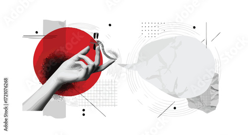 Abstract graphic design featuring a hand holding a small perfume bottle against a bold red circle and geometric shapes.