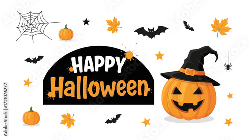 Halloween Celebration : Spooky Halloween graphics, featuring a Jack-o'-lantern wearing a witch hat with other spooky elements. Celebrating the spirit of All Hallows' Eve.